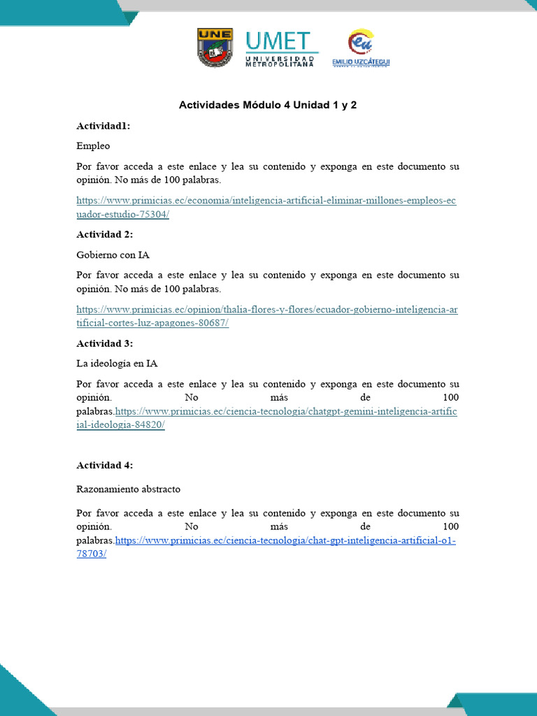 Actividades Módulo 4 Unidad 1 y 2 | PDF