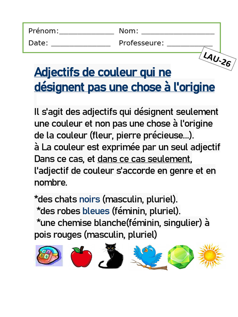 Accord des adjectifs de couleur | PDF
