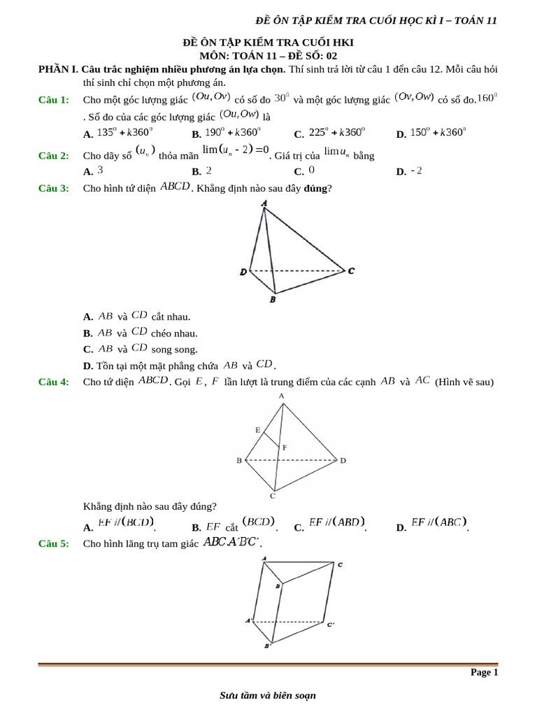 De So 02 On Tap Cuoi Ki 1 Toan 11 KNTT - CTM - HDG | PDF