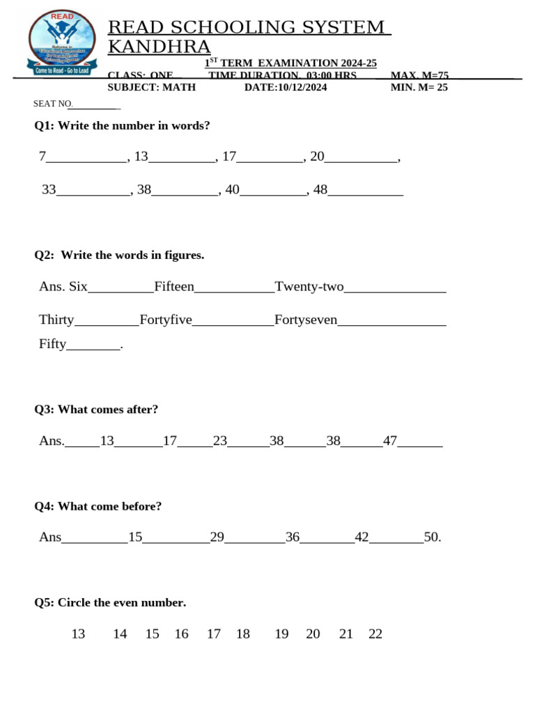 Class One Math Exam Paper 2024-25 | PDF