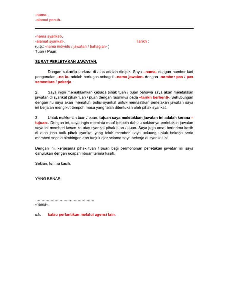 Contoh Surat Rasmi Berhenti Kerja Dari Majikan - Surasmi A