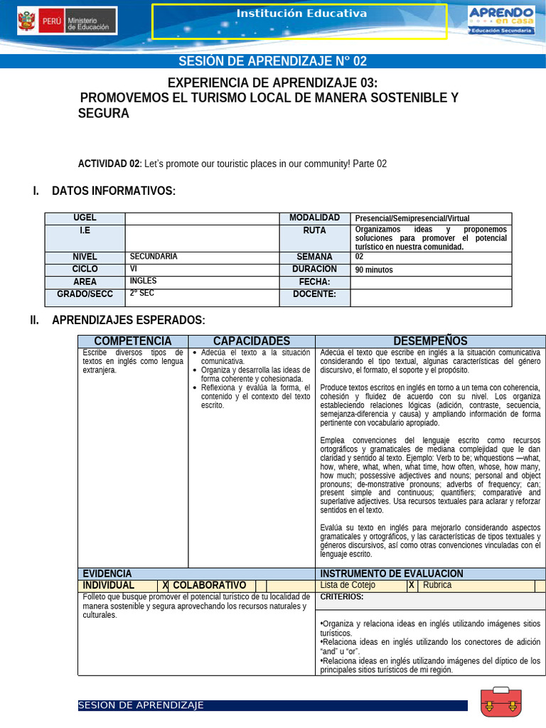 Promoción del Turismo Sostenible en Inglés | PDF | Aprendizaje | Evaluación