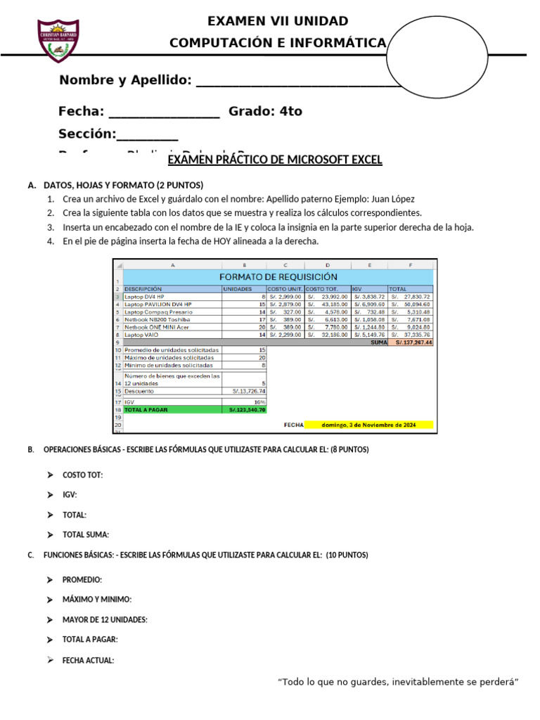Examen Práctico de Microsoft Excel 4to Grado | PDF