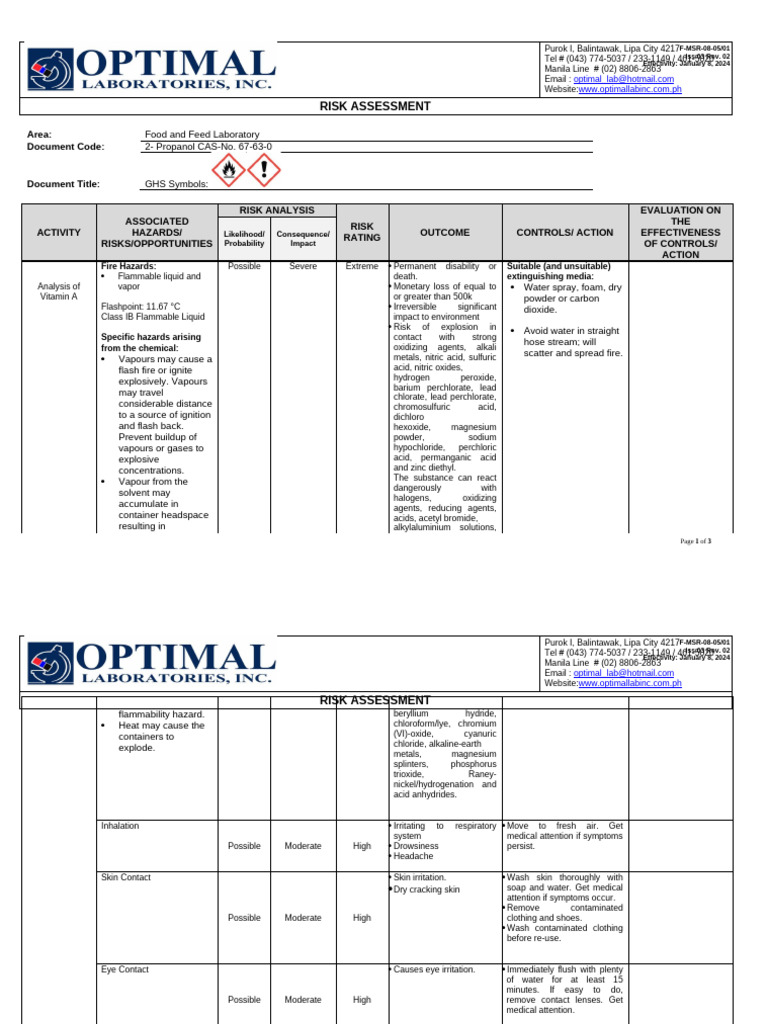 F-MSR-08-05-01 Rev.2 Risk Assessment Form Chemicals 2-PROPANOL | PDF ...