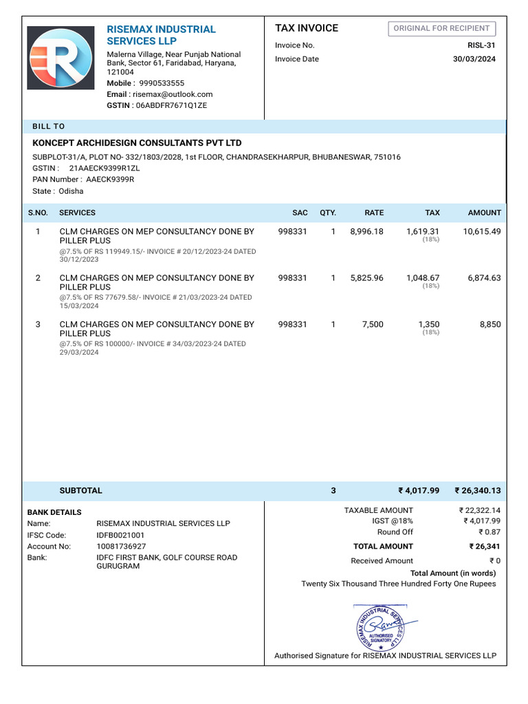 Tax Invoice for MEP Consultancy | PDF | Rupee | Economy Of India