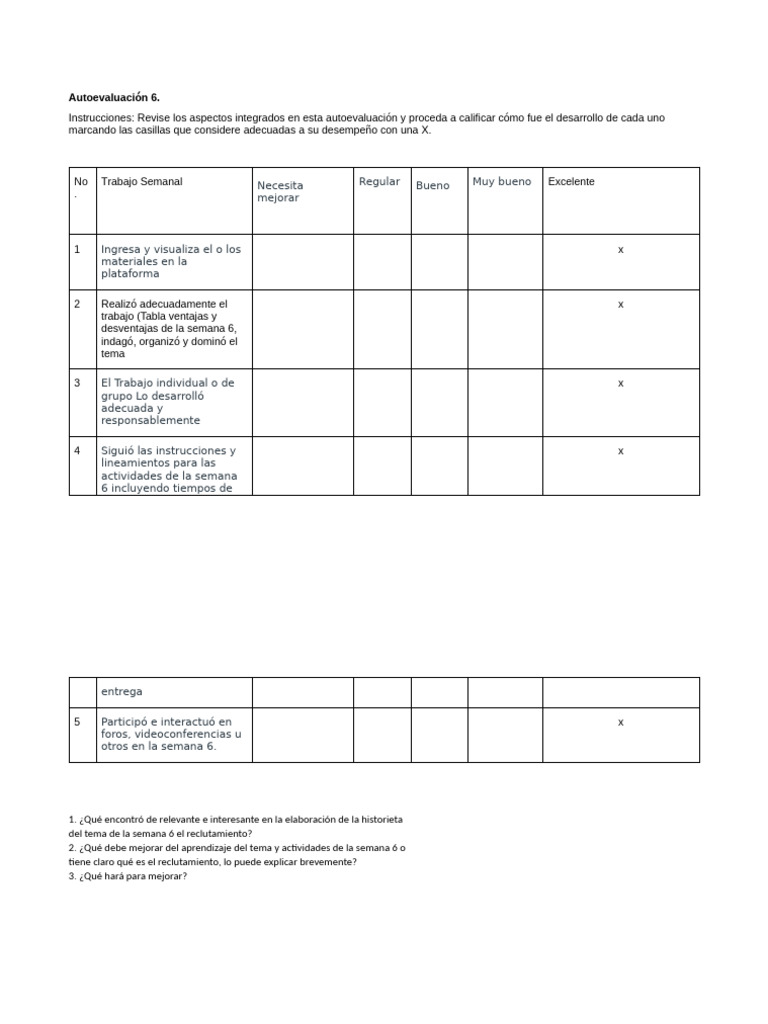 Autoevaluación del Desempeño Semanal | PDF