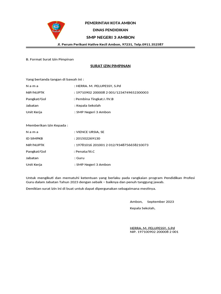 Surat Izin Pimpinan SMP Negeri 3 Ambon | PDF