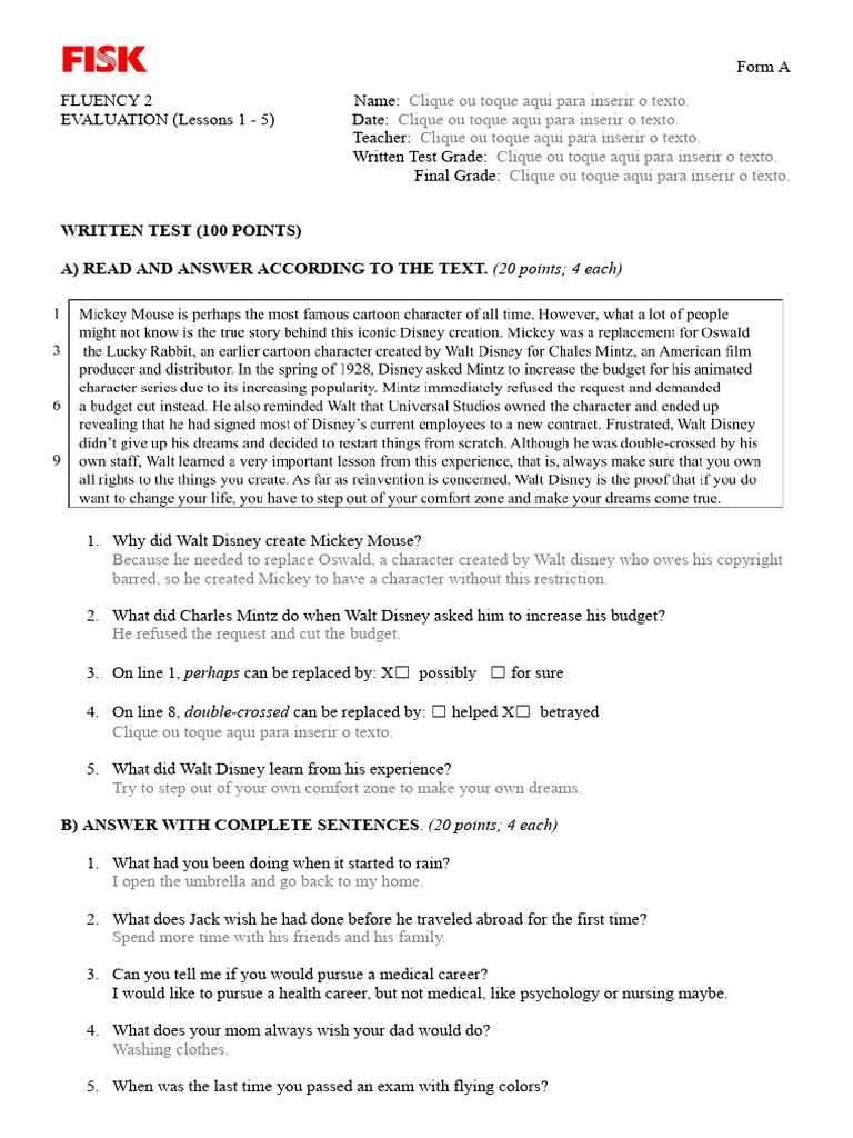 Fluency Evaluation Form A: Written Test | PDF