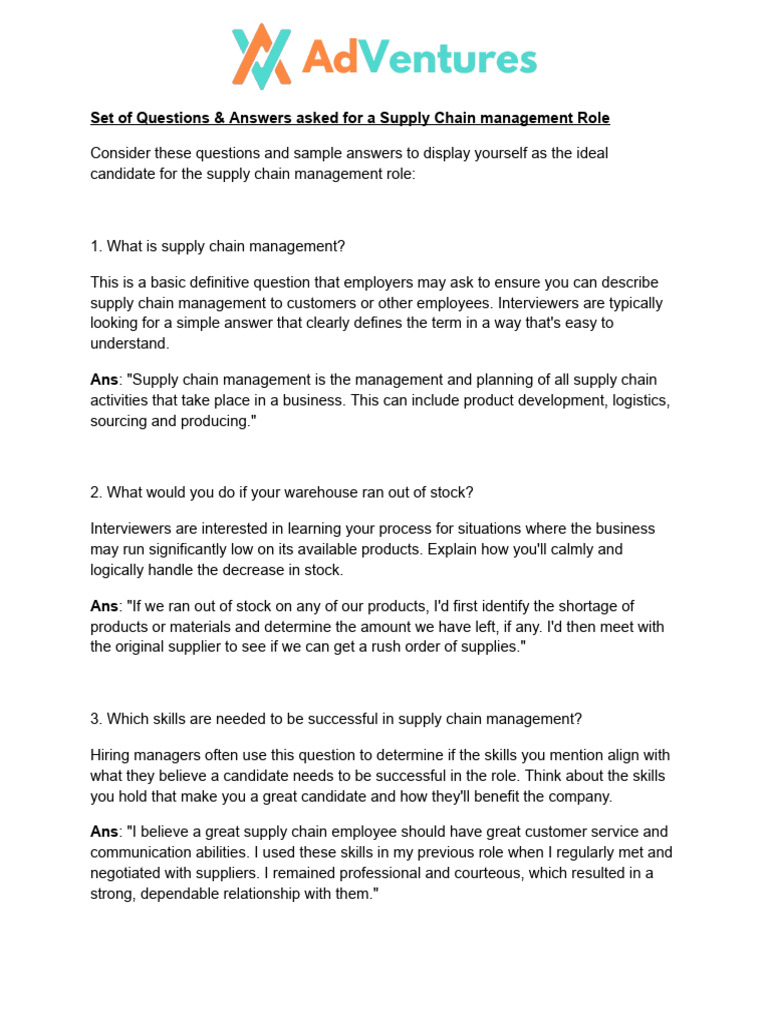 Supply Chain Management Interview Q&A | PDF | Supply Chain | Supply ...