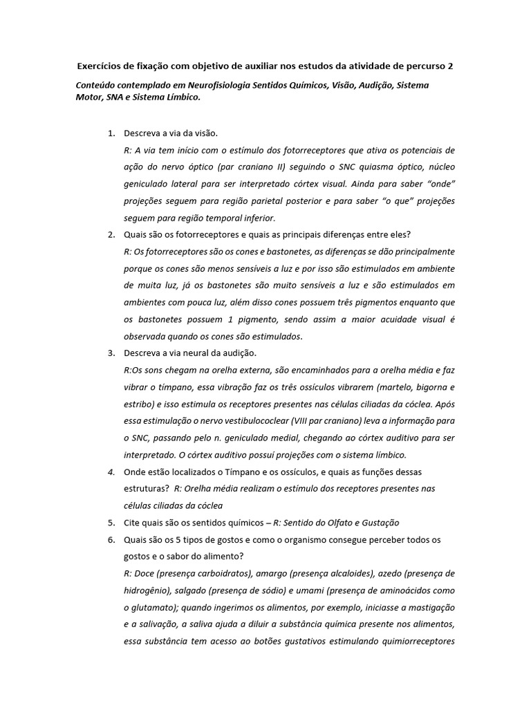 Exercícios de Neurofisiologia e Sistema Nervoso | PDF | Sistema nervoso ...