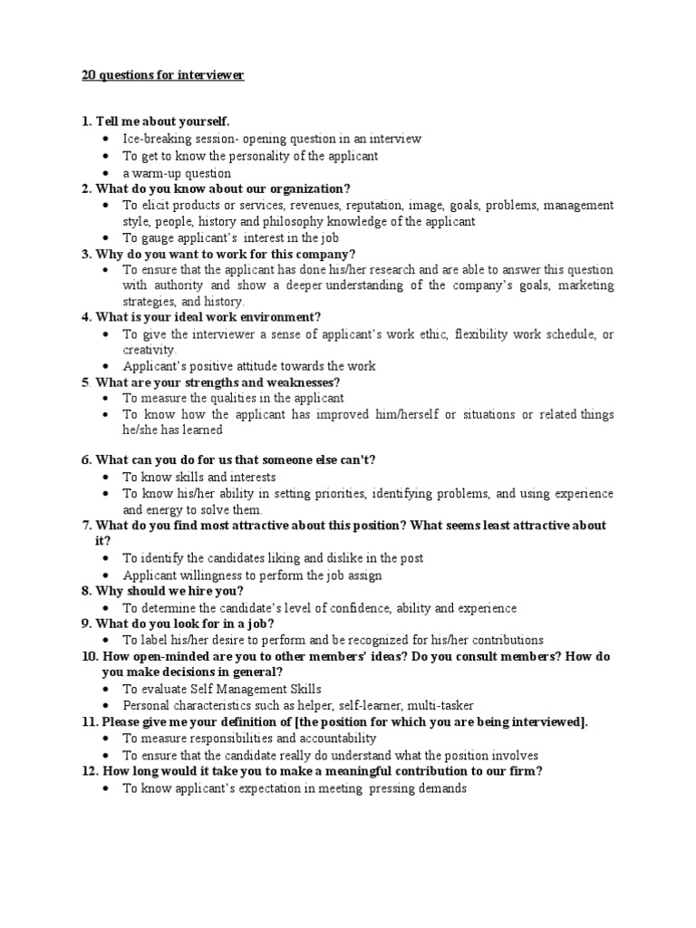 20 Questions for Interviewer Nonverbal Communication Interview