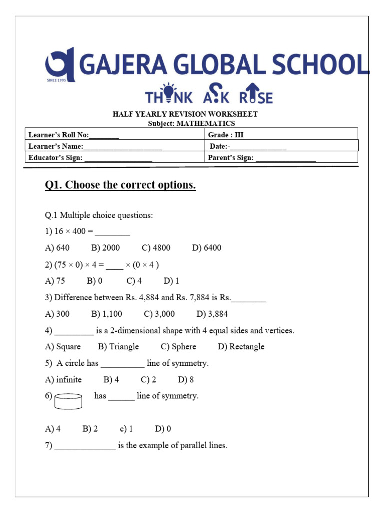 Grade 3 Math Revision Worksheet | PDF | Shape | Rectangle