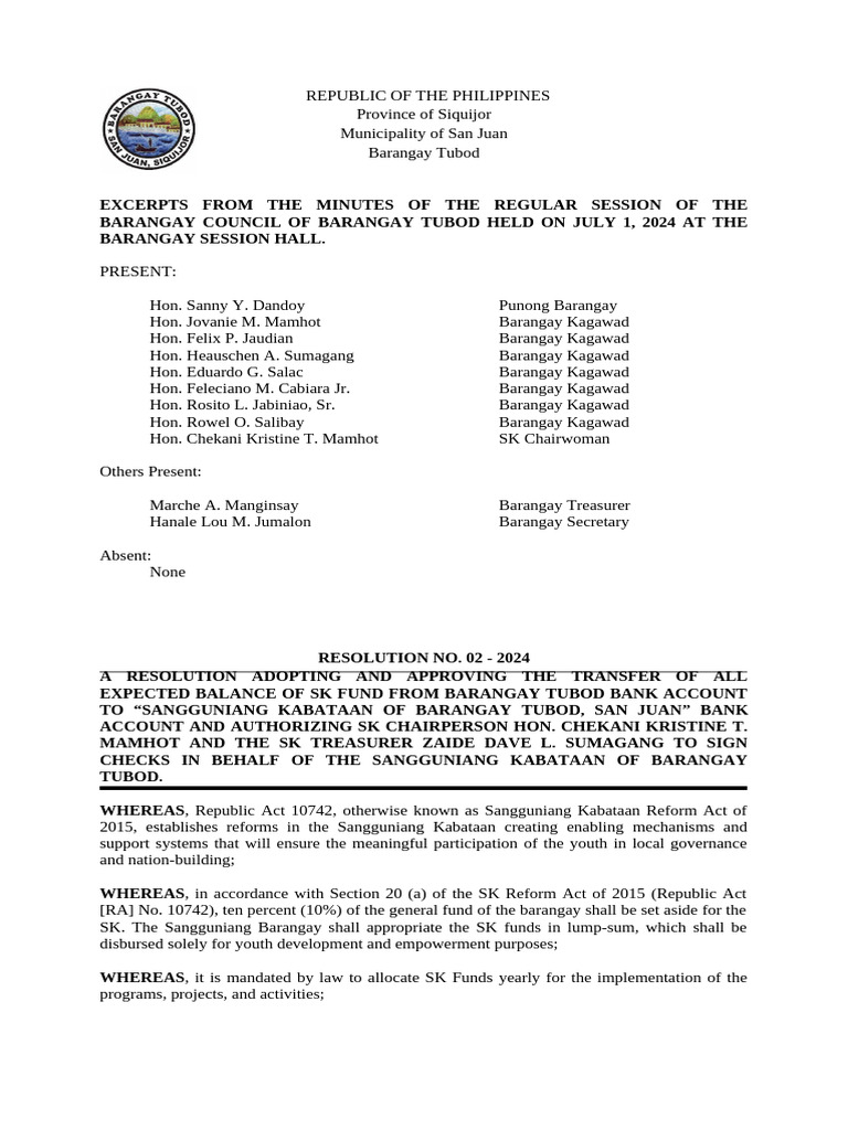 Brgy Resolution Adopting and Approving | PDF