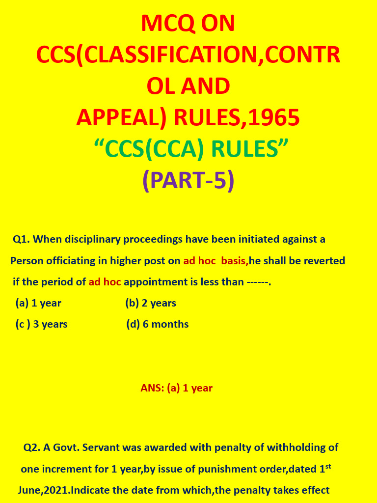 MCQs on CCS (CCA) Rules 1965 | PDF | Brief (Law) | Appeal