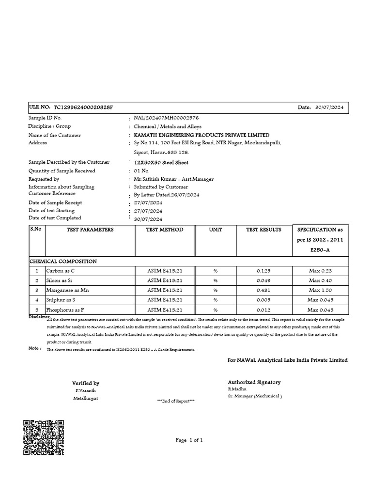 Steel Sheet Test Report IS 2062:2011 | PDF | Building Engineering ...