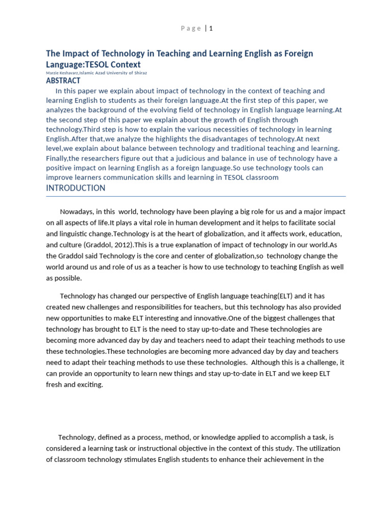 Technology's Role in TESOL Education | PDF | Methodology | English As A ...