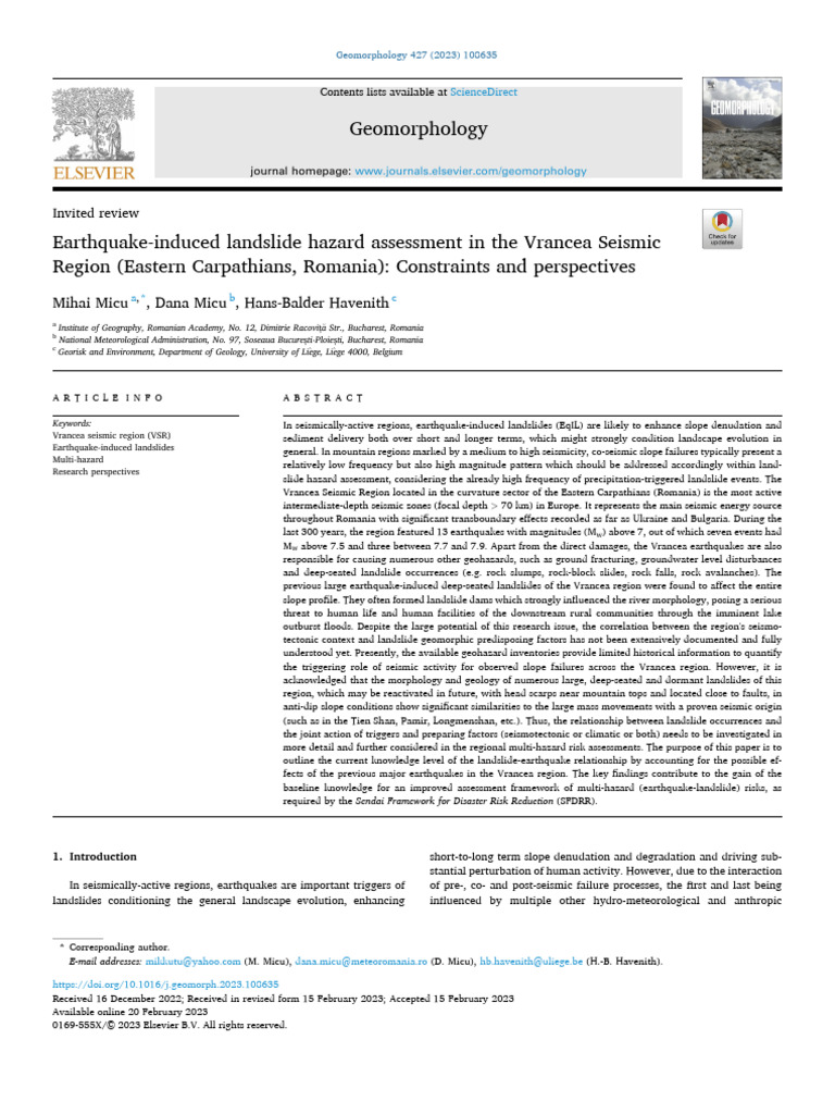 Earthquake-Induced Landslide Hazard Assessment in The Vrancea Seismic ...