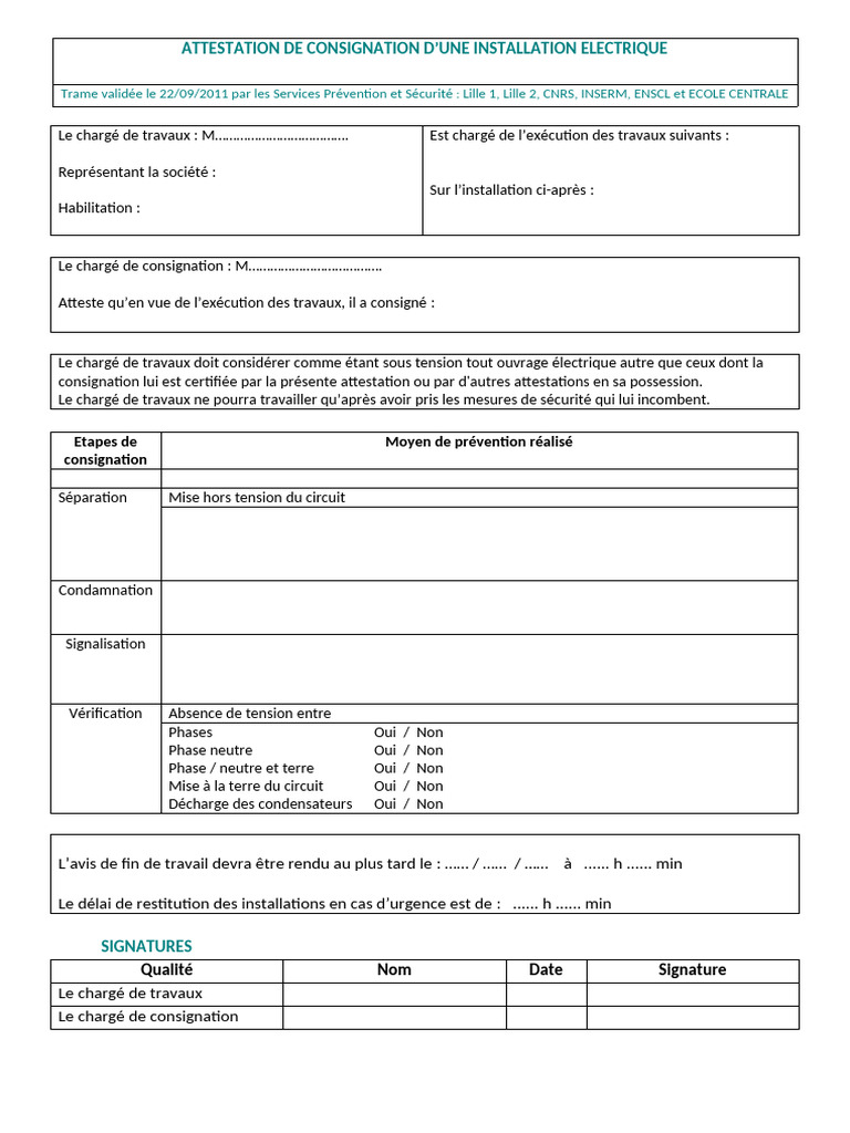 Attestation de Consignation Électrique | PDF
