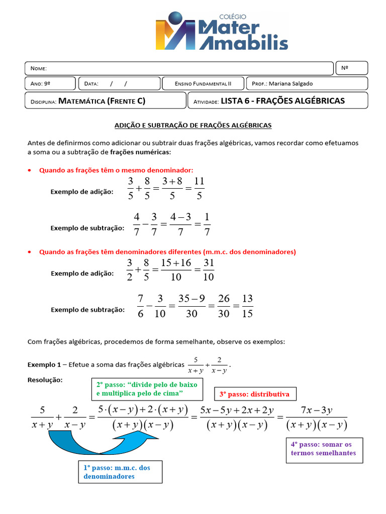 Lista 6 - Adição e Subtração de Frações Algébricas | PDF | Matemática ...