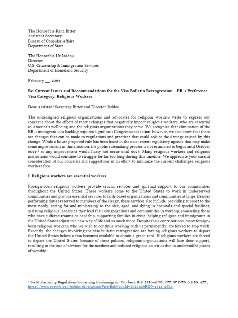EB-4 Religious Workers Sign-On Letter To USCIS and DOS | PDF | Travel ...