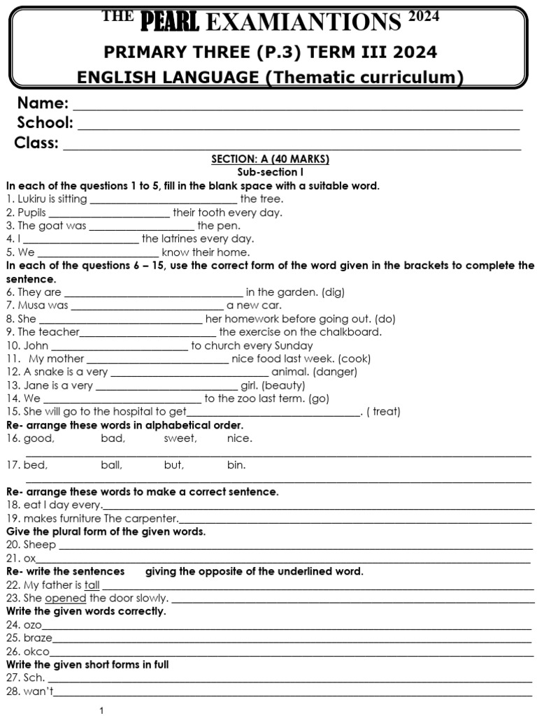 P.3 English Exam Term III 2024 | PDF