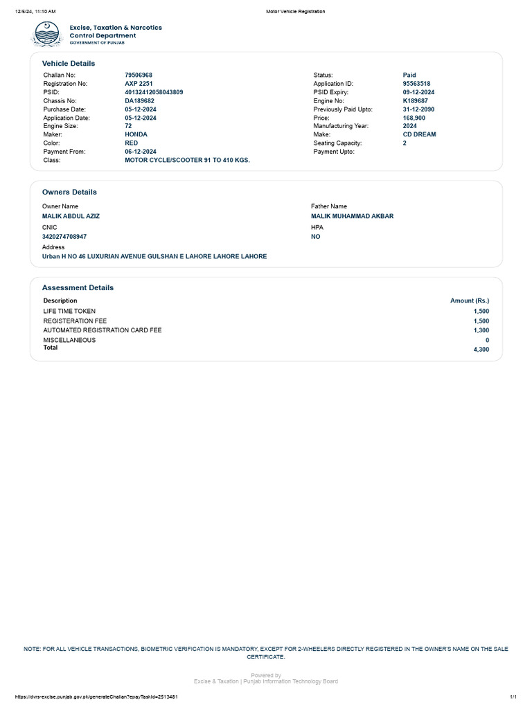 Motor Vehicle Registration | PDF | Payments | Land Transport