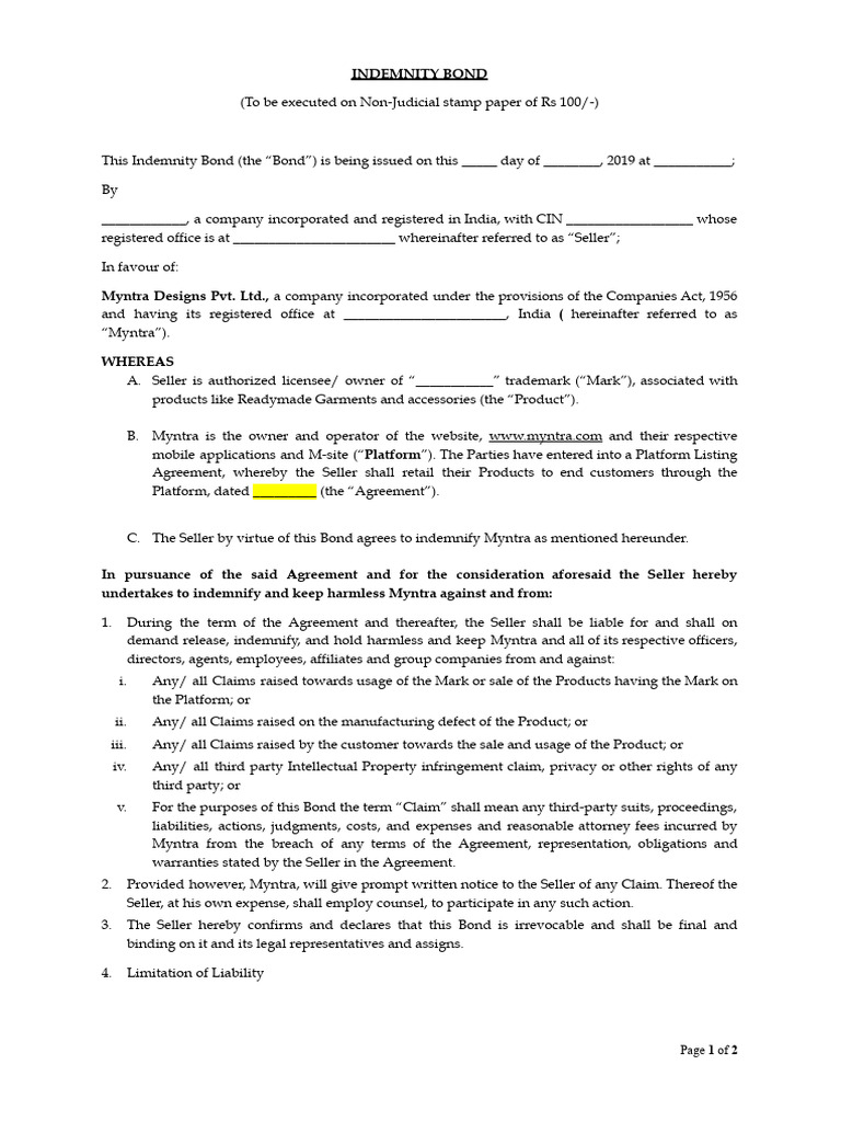 Indemnity Bond Template for Myntra | PDF | Legal Liability | Legal Concepts
