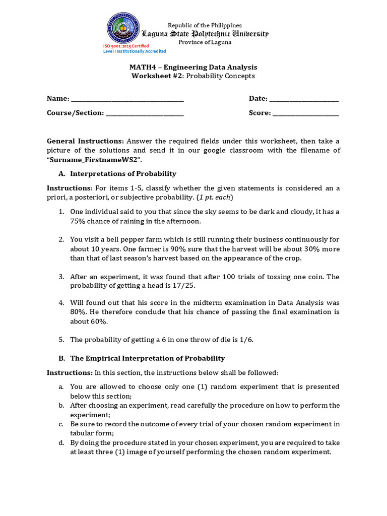 Probability Concepts Worksheet for Engineers | PDF | Probability ...
