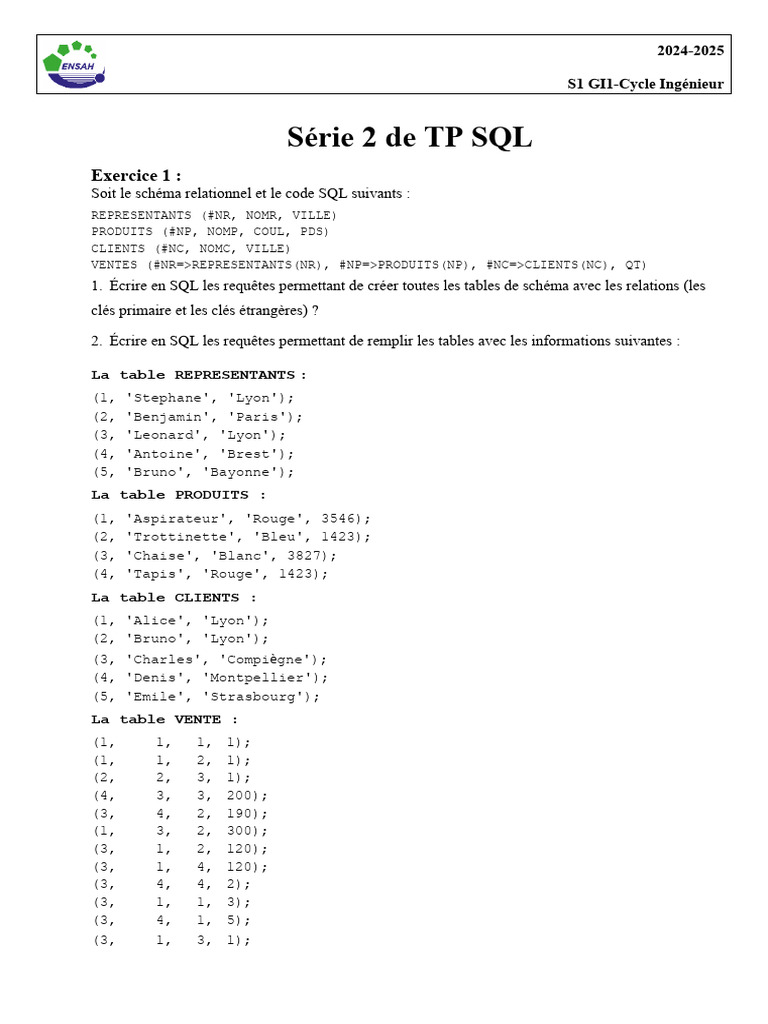 TP SQL Série 2: Exercices et Requêtes | PDF | SQL | Modèle de données