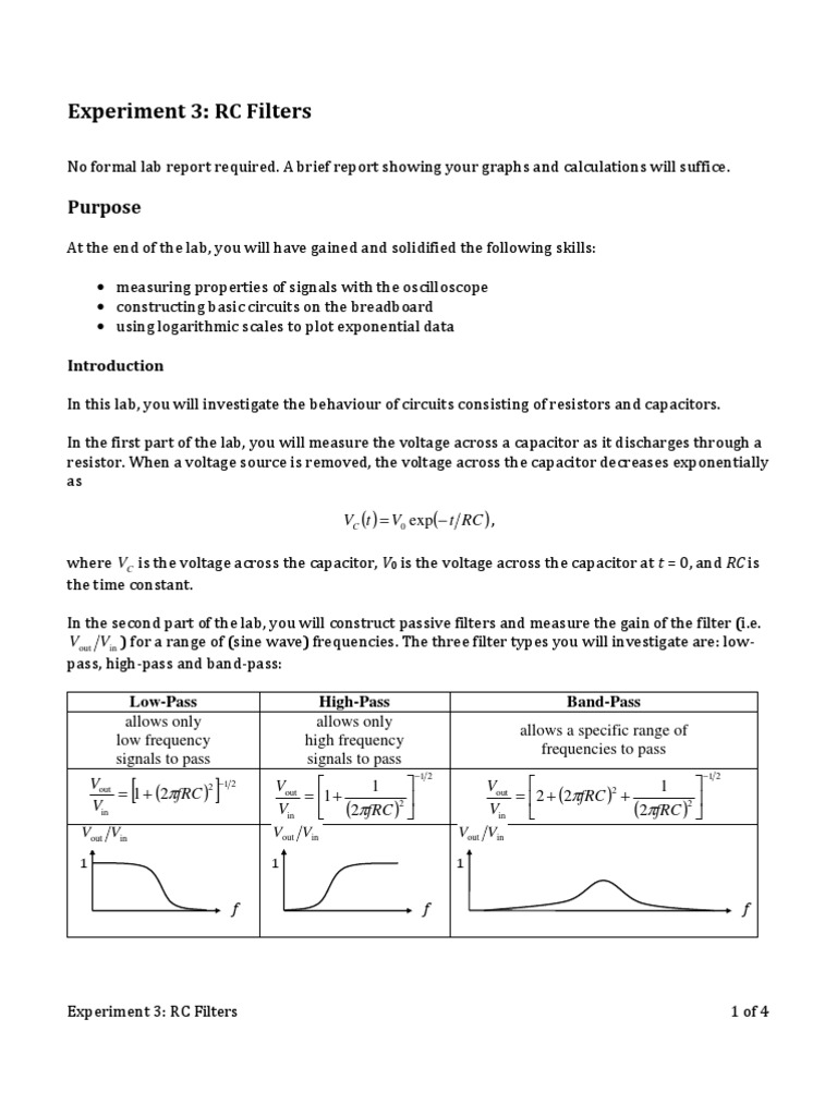 Experiment 3 RC Filters PDF Electronic Filter Low Pass Filter