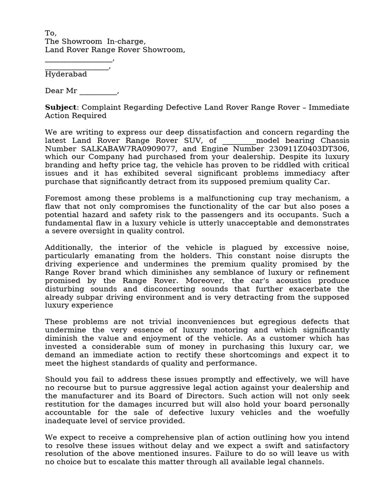 Letter To Range Rover - Defective Sounds 06-04-2024 | PDF | Vehicles