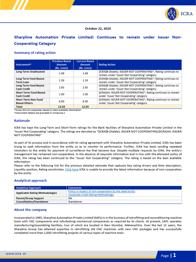 Sharpline Automation Private Limited | PDF | Credit Rating Agency ...