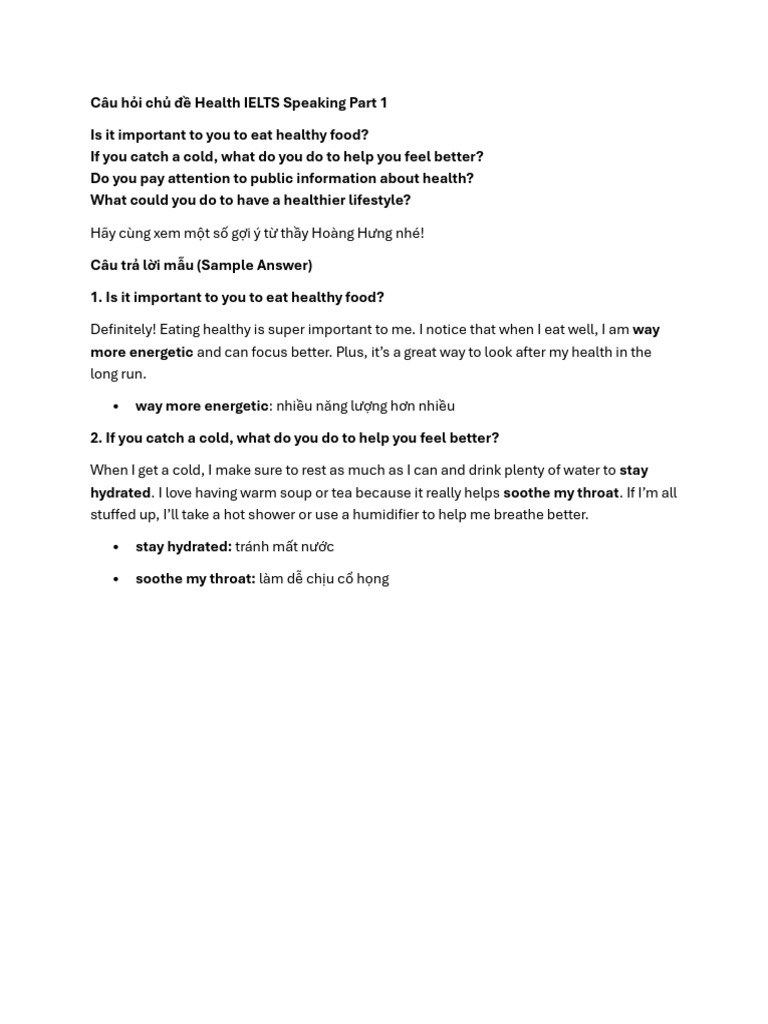 Câu hỏi chủ đề Health IELTS Speaking Part 1 | PDF
