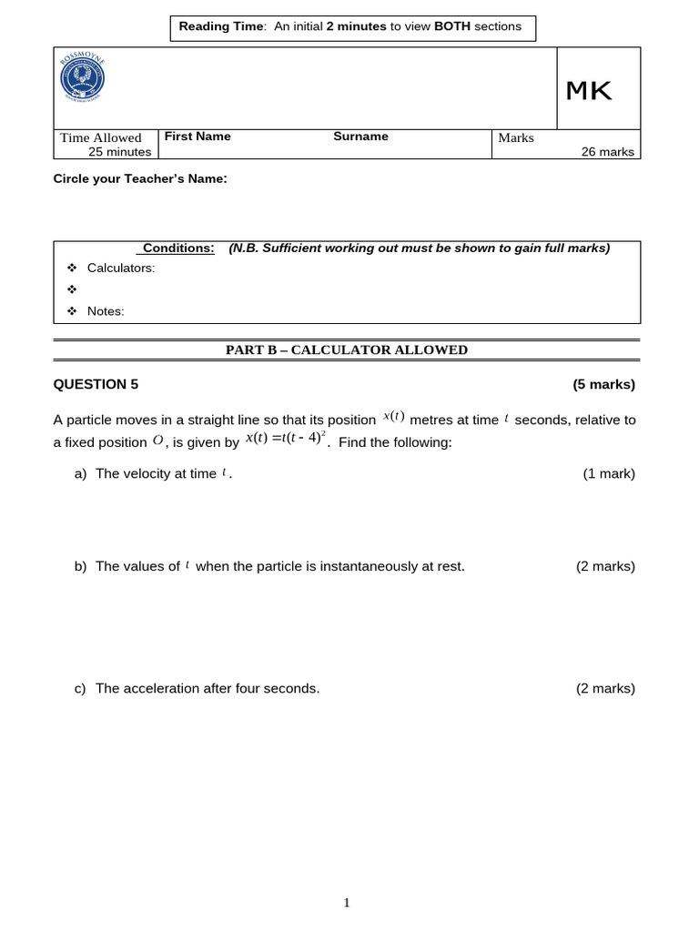 2022 12M Test 1 - Diff Rules, 2nd Deriv, Anti-Diff CA | PDF | Velocity ...