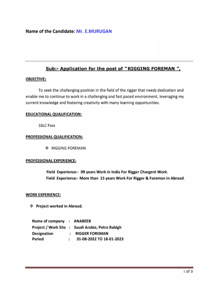 Cv-E Murugan-Rigger 1 Tuv | PDF