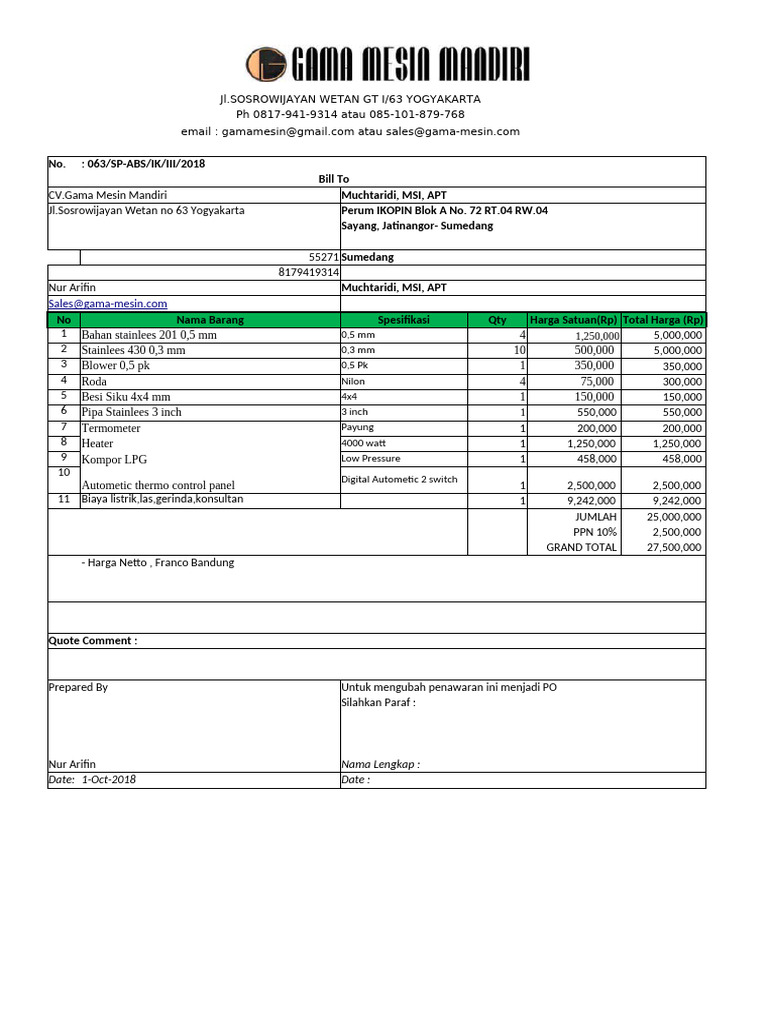 Invoice Pembelian Bahan Mesin Gama Mesin | PDF