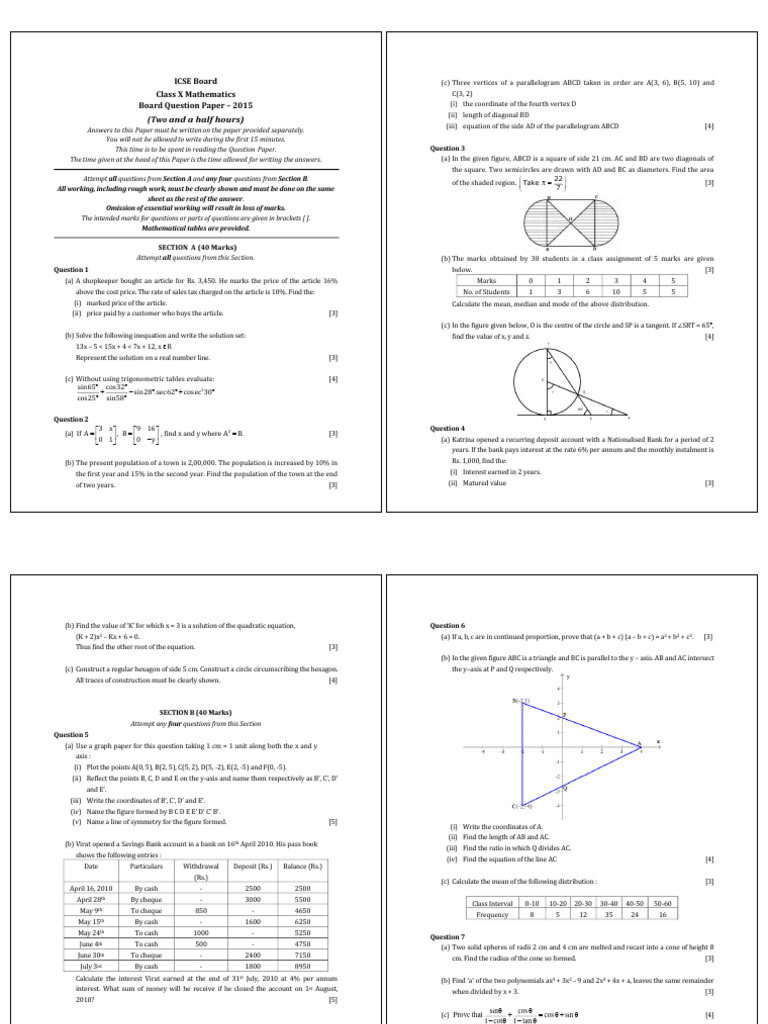 ICSE Class X Math Exam 2015 | PDF | Circle | Area