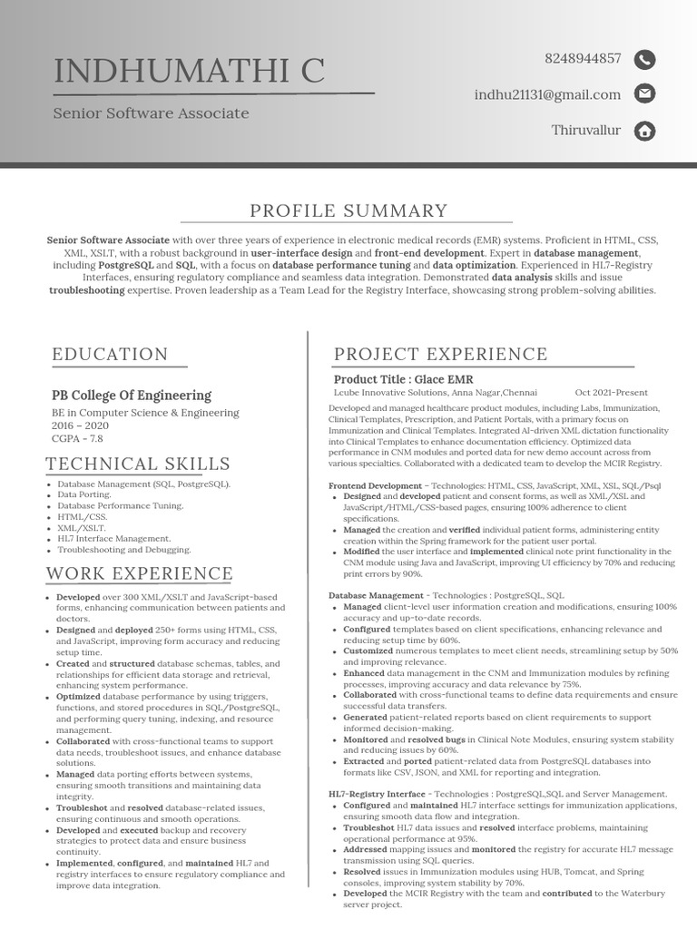 Senior Software Associate Profile Summary | PDF | Postgre Sql | Databases