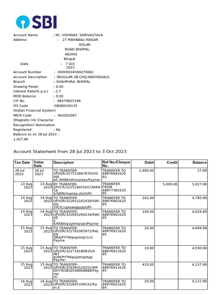 Bhopal SB Account Statement Summary | PDF | Debits And Credits ...