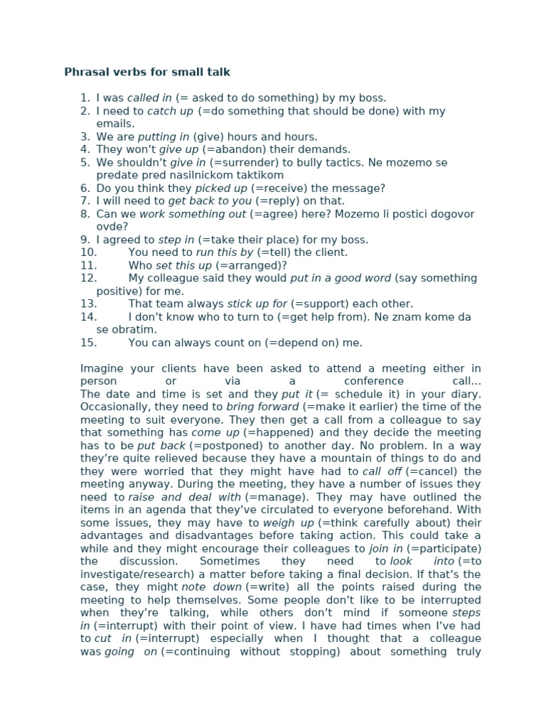 Business Phrasal Verbs for Small Talk | PDF | Stocks