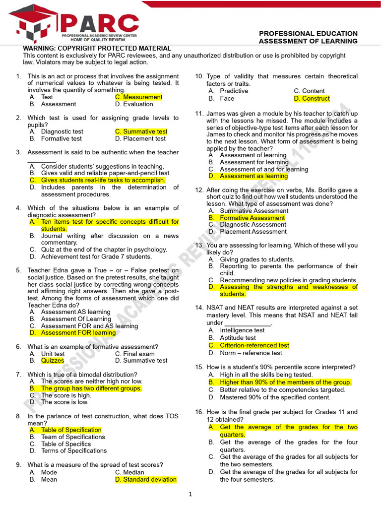 Assessment of Learning Drill | PDF | Educational Assessment | Cognition