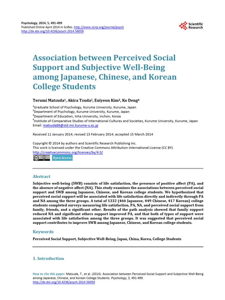 Association Between Perceived Social | PDF | Social Support | Psychology