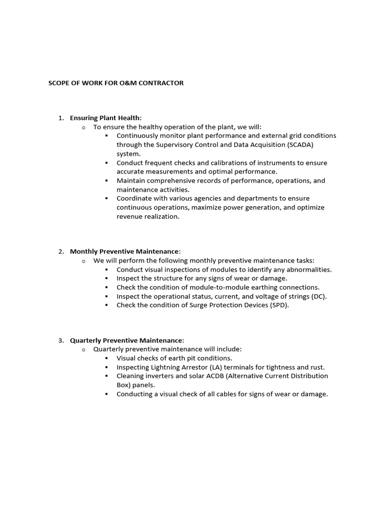 O&M Contractor Scope of Work Overview | PDF | Photovoltaics | Solar Panel