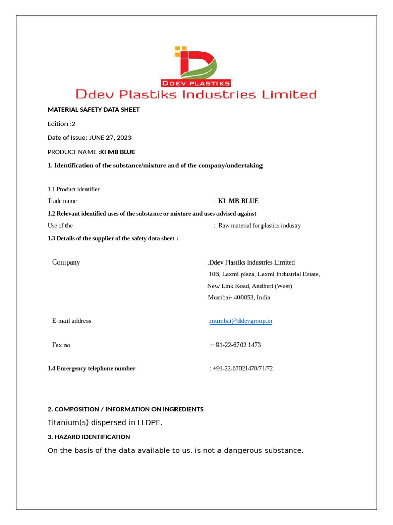 MB BLUE MSDS | PDF | Plastic | Toxicity