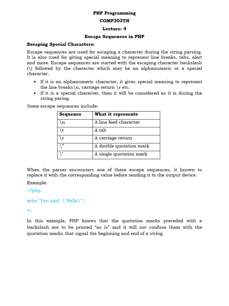 Lecture 4 Escape Sequences in PHP | PDF