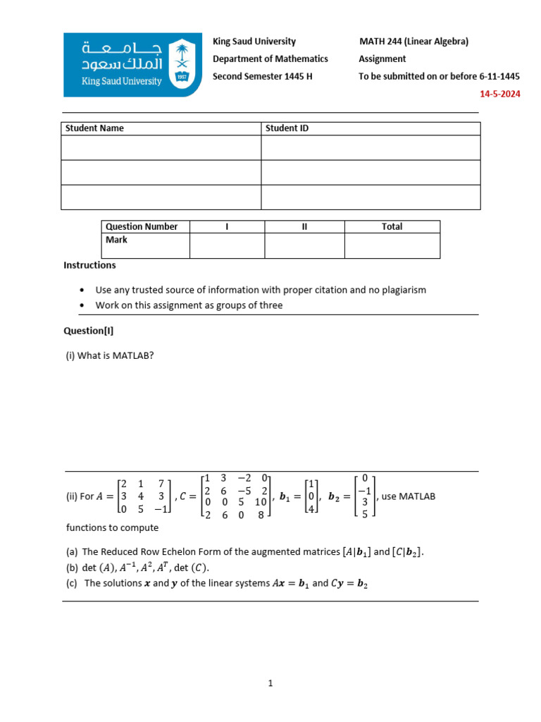 Linear Algebra Assignment Guide | PDF