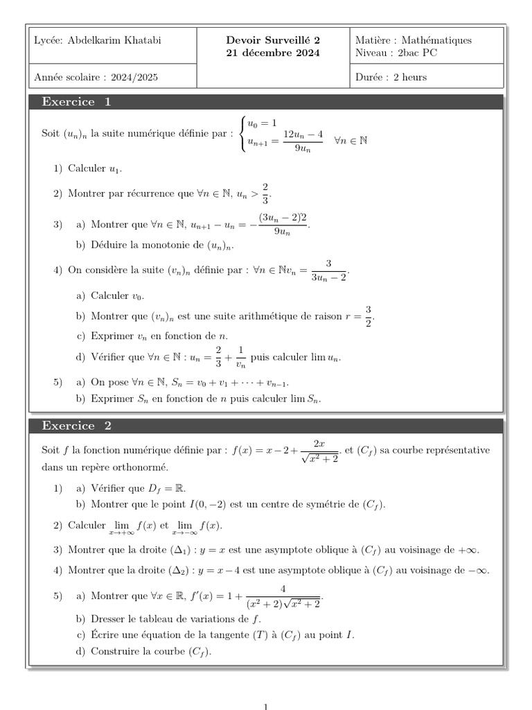 Devoir de mathématiques 2bac PC 2024 | PDF | Géométrie différentielle ...