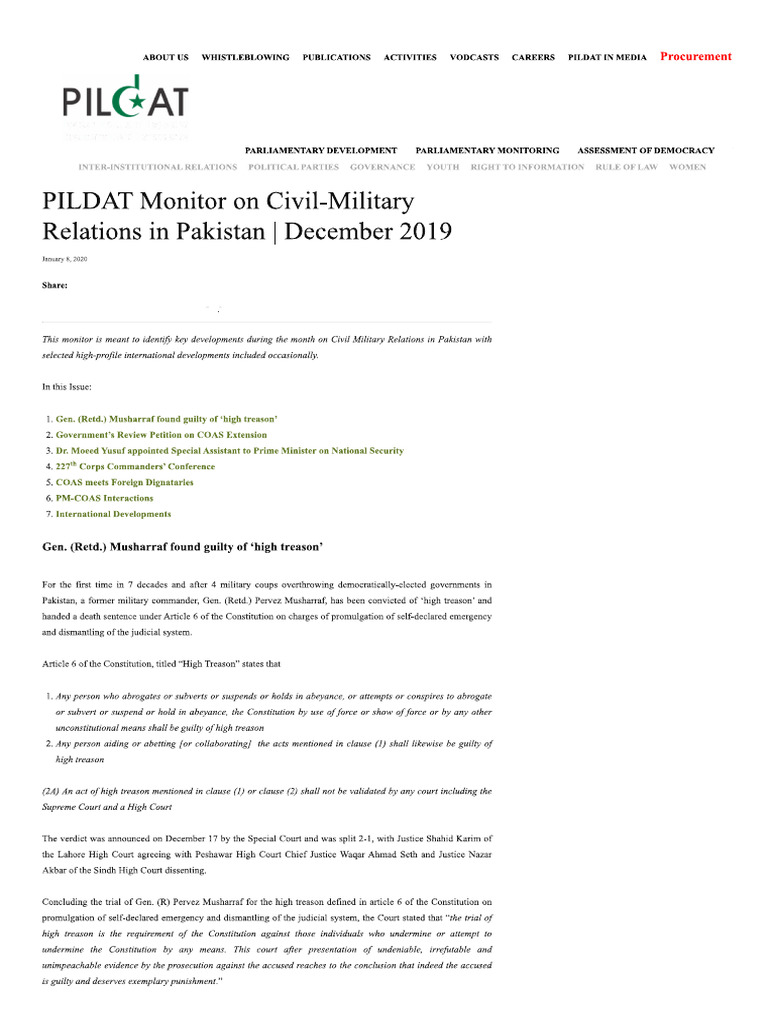 PILDAT Monitor On Civil-Military Relations in Pakistan 2020 Jan | PDF