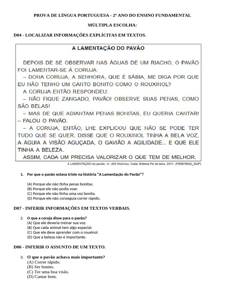 Prova de Língua Portuguesa - 2º Ano | PDF