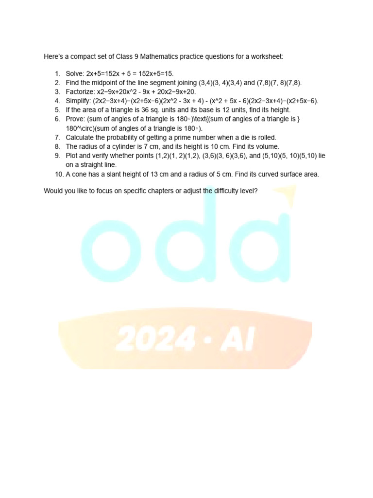 Class 9 Maths Practice Questions | PDF